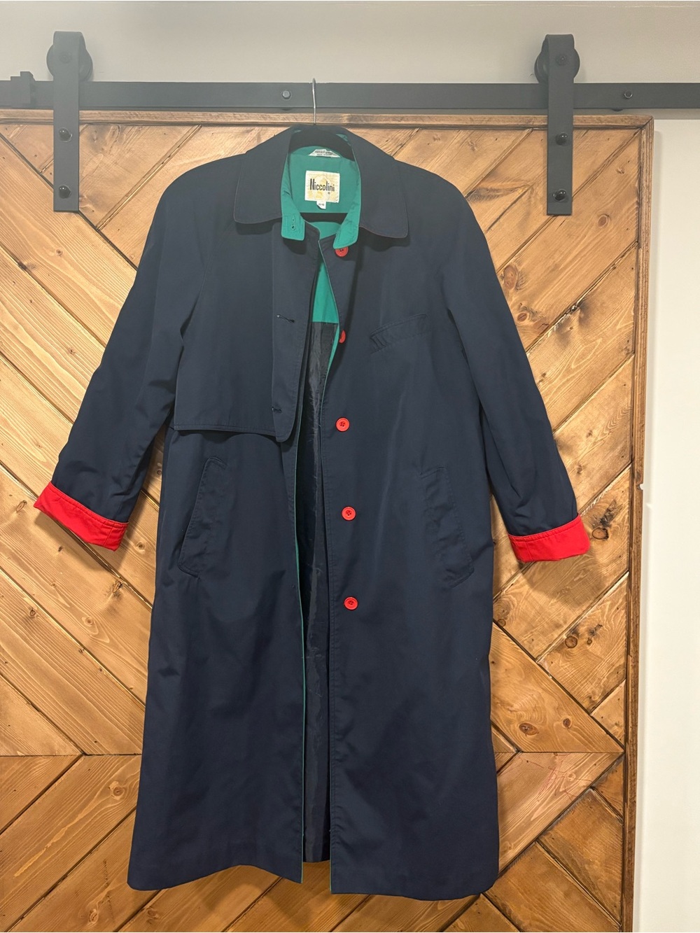 Classic Navy Trench Coat with Red and Green Accents Niccolini Vintage